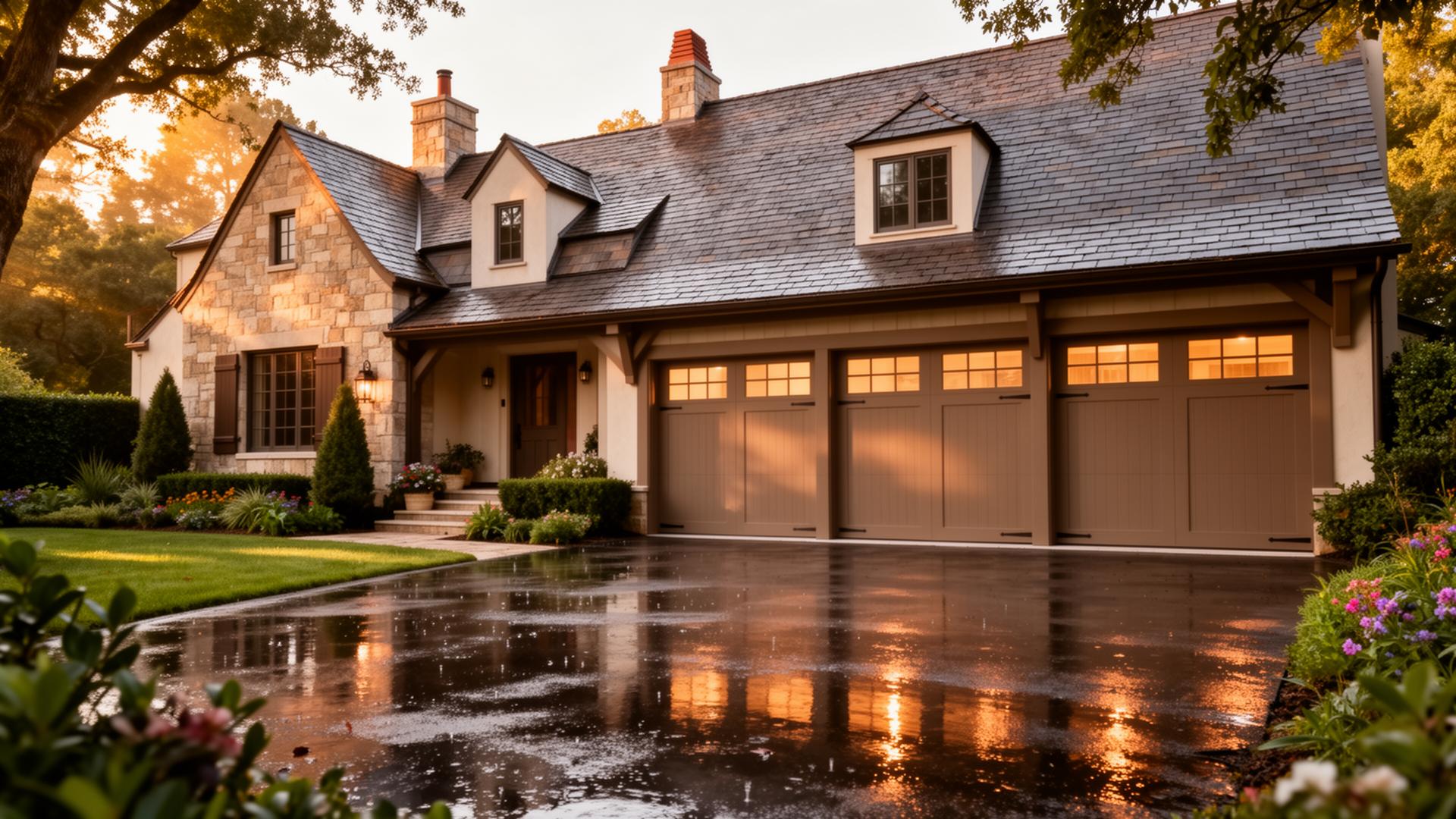 Premium craftsman style garage doors on French country estate home in San Antonio